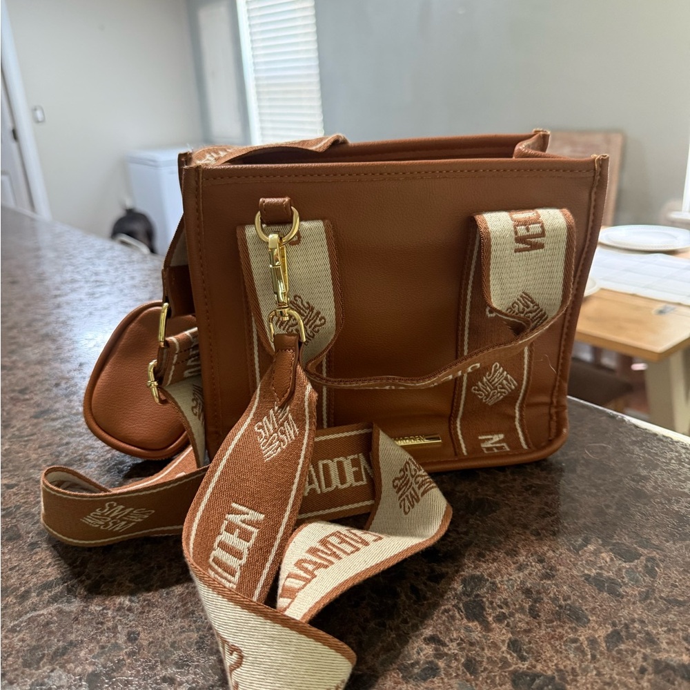 Steve Madden Tan Messenger Bag with Logo Strap